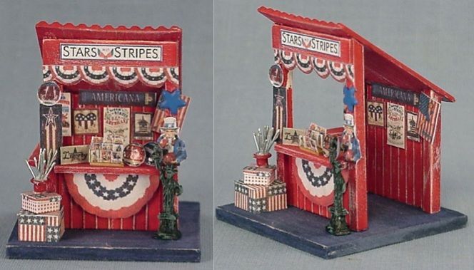 Miniature red, white, and blue Stars & Stripes market stall with bunting and patterned display panels