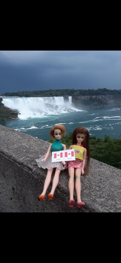 Two dolls in swimsuits holding a sign, sitting on rocks with a large waterfall in the background