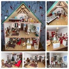 Collage of a miniature dollhouse with a triangular roof, showing several decorated interior rooms and holiday decor