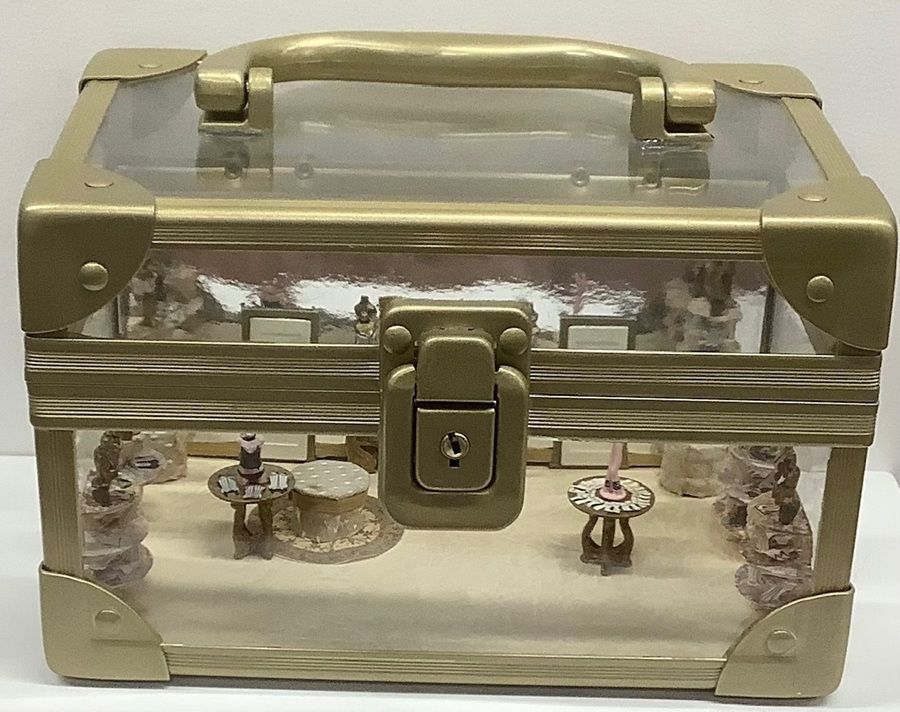 Small clear acrylic box with gold trim, top handle, and two compartments holding tiny decorative items.
