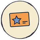 Blue star on an orange card inside a cream circle icon