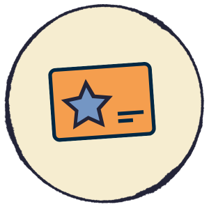 Blue star on an orange card inside a cream circle icon