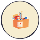 Orange box of art supplies with brushes, pencils, paints, and scissors on a beige circle background