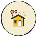 Yellow house with two orange balloons floating above it on a beige circle background