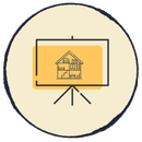 Presentation screen with a house icon on a tripod stand, outlined in black on a beige background