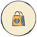Orange shopping bag with a blue heart, centered inside a beige circle
