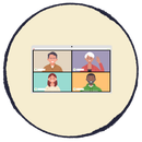 Video conference screen with four participants in a 2x2 grid on a light background