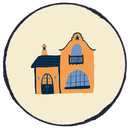 Stylized orange and blue house icon inside a cream circle with a dark border