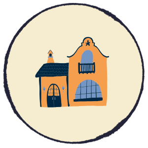 Stylized orange and blue house icon inside a cream circle with a dark border