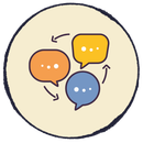 Three colorful speech bubbles with arrows in a circular chat icon