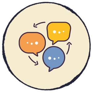 Three colorful speech bubbles with arrows in a circular chat icon