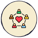 Five colorful people icons around a red heart inside a beige circle