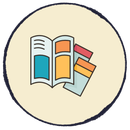 Illustrated open book with colorful pages and stacked books inside a cream circle