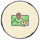 Map with location pin and house icon inside a cream circle