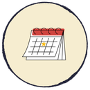 Calendar icon with red header and a yellow star on a beige circle background