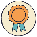 Orange award ribbon with blue tails on a cream background