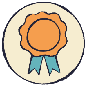 Orange award ribbon with blue tails on a cream background