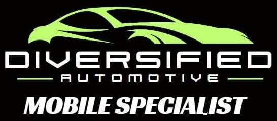 Logo for Diversified Automotive: green car silhouette above text on a black background. Includes