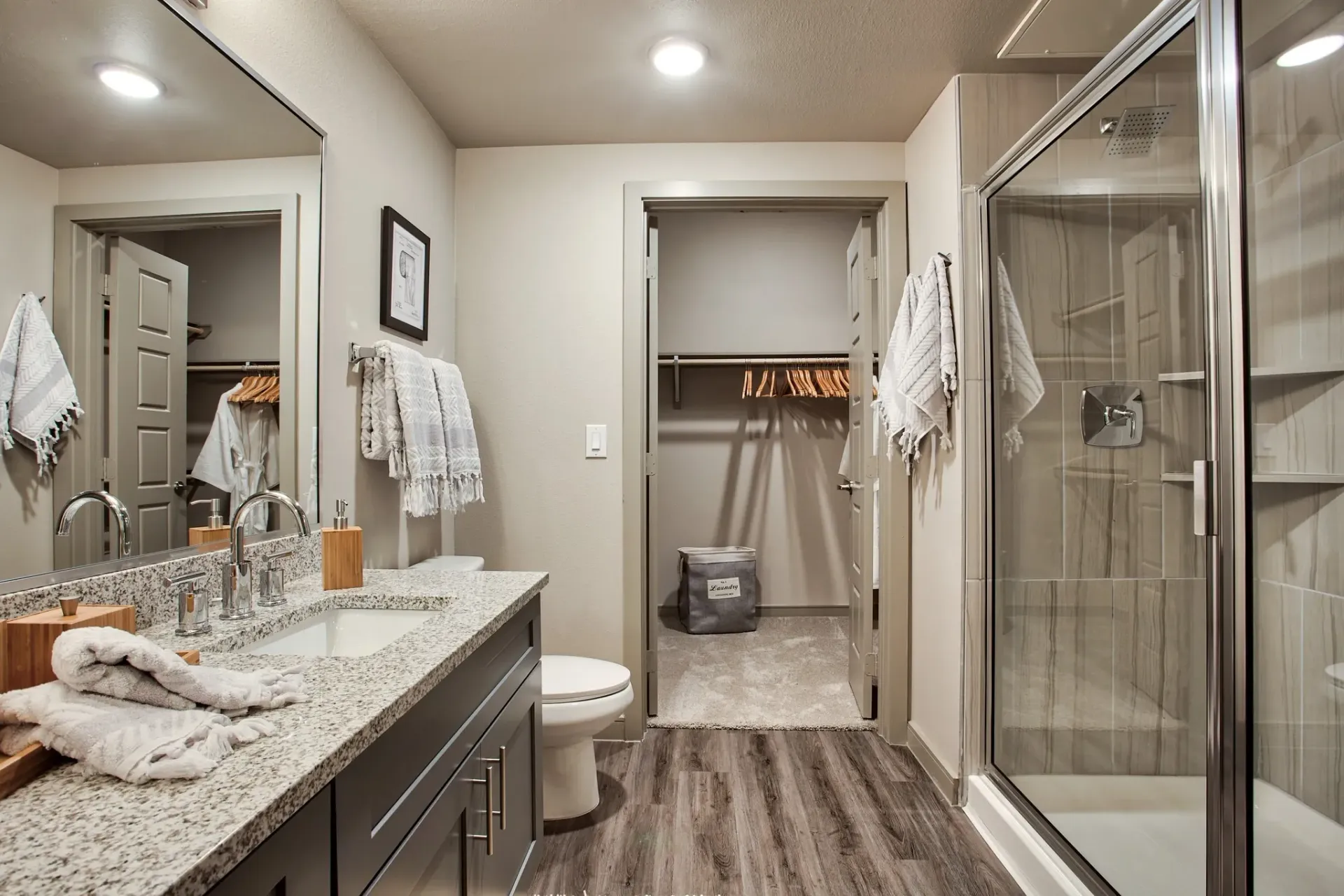 Bathroom with double sink vanity, granite countertop, glass shower, and walk-in closet.