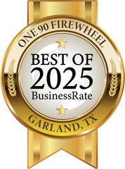 Gold award ribbon badge reading “Best of 2025 BusinessRate,” with “One 90 Firewheel” and “Garland, TX” around the edge