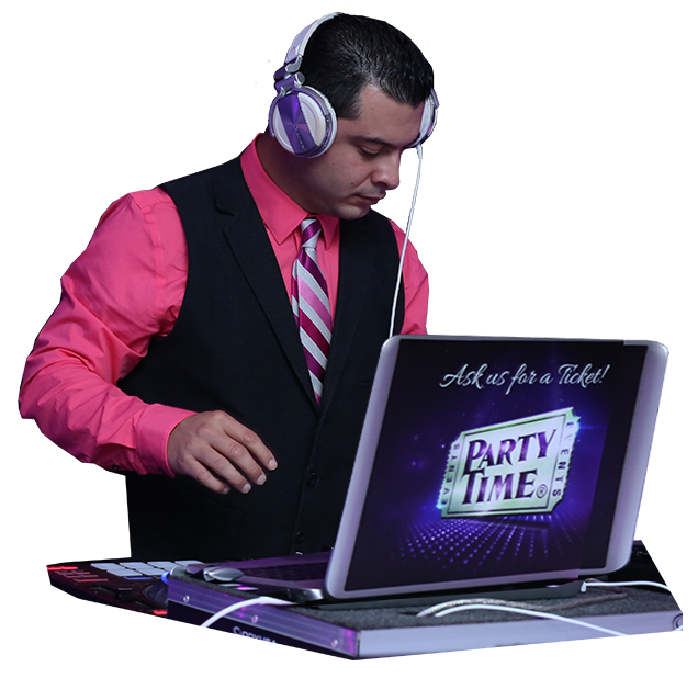 A man wearing headphones is using a laptop that says party time