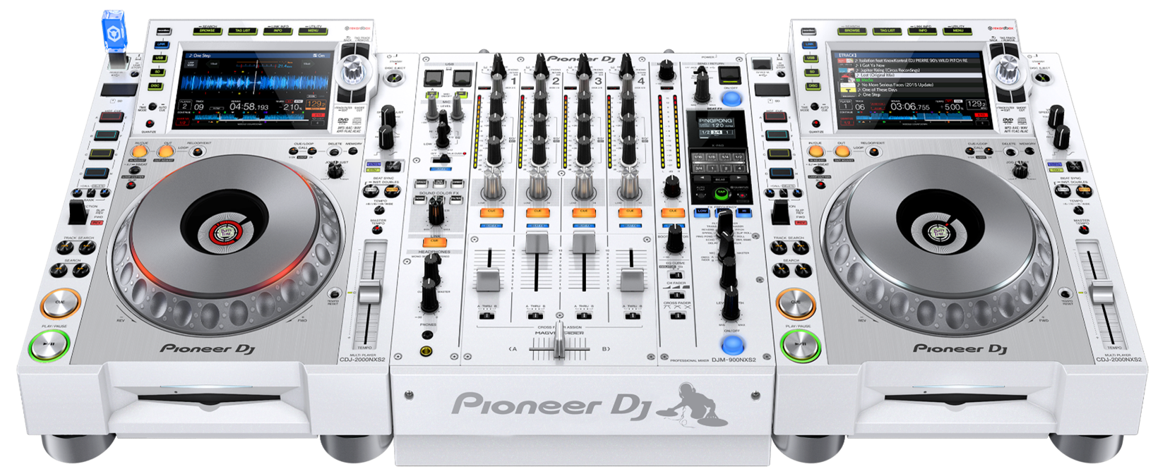 A white pioneer dj mixer and dj controller on a white background.