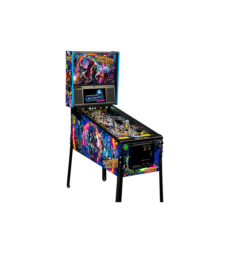 A pinball machine is sitting on a white surface.