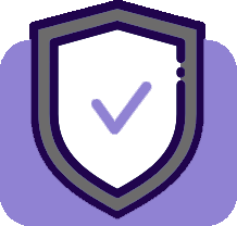 A shield with a check mark inside of it on a purple background.