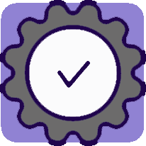 A gear with a check mark inside of it on a purple background.