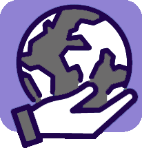 A hand is holding a globe on a purple background.