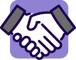 A purple and white icon of two hands shaking