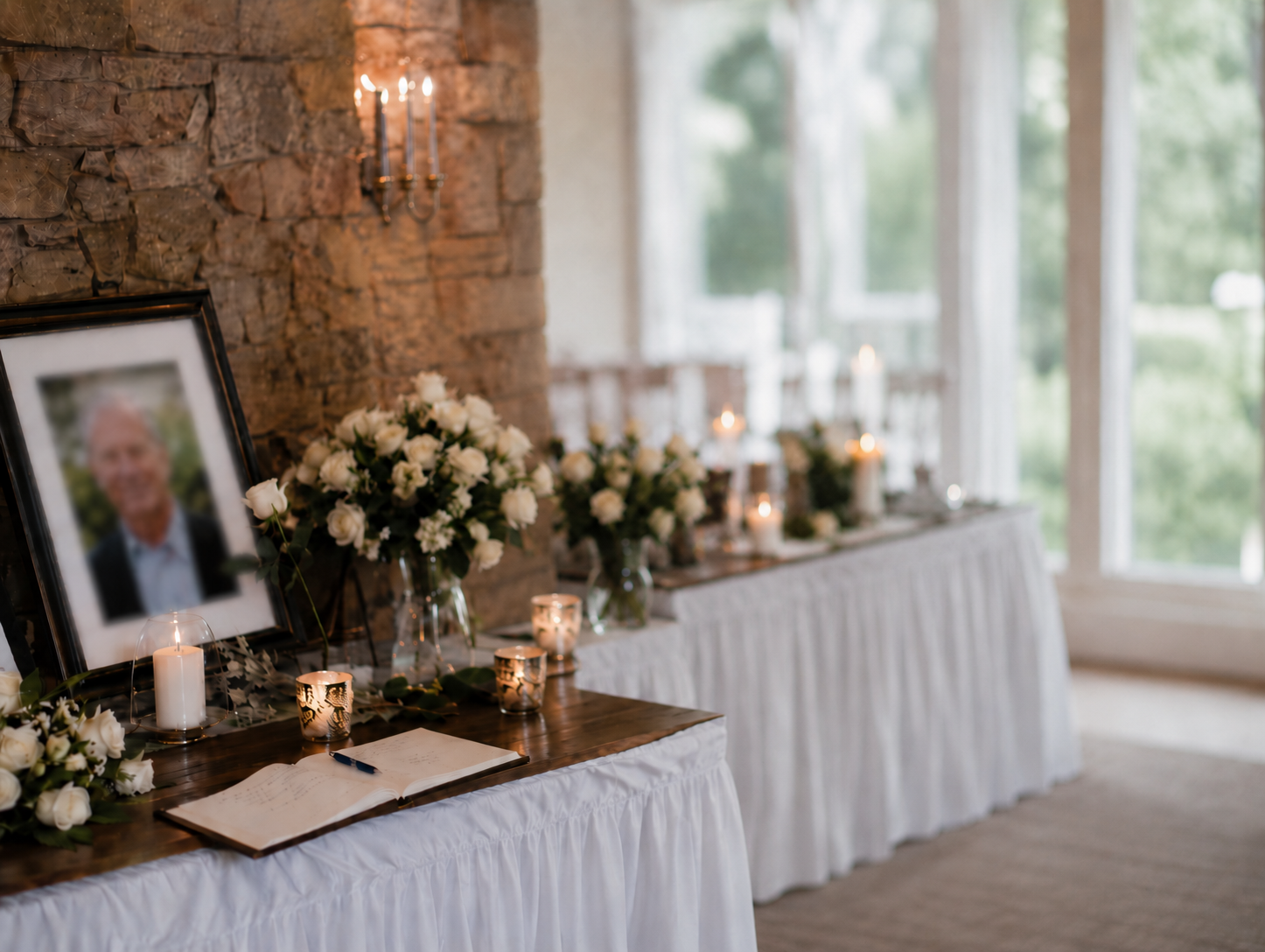  memorial ceremony table with white roses and candles in Riverside, IL