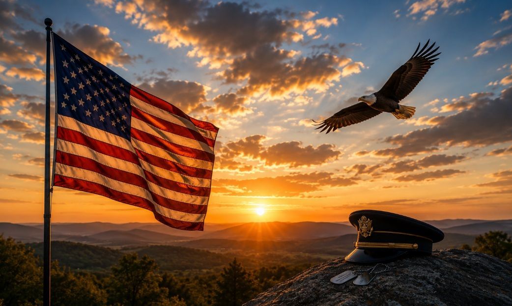 Military honors tribute at sunset with American flag and eagle for funeral homes Berwyn, IL