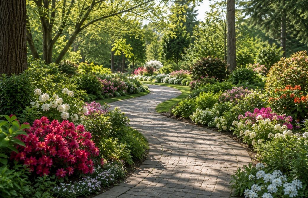 Peaceful garden pathway surrounded by blooming flowers for funeral homes Riverside, IL