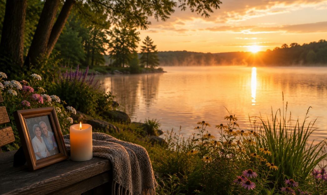 Peaceful lakeside remembrance scene at sunrise for cremation services Berwyn, IL
