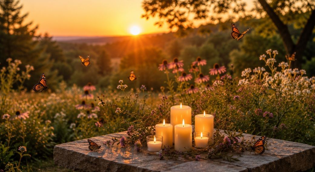 Sunset memorial garden with candles and butterflies for cremation services Riverside, IL