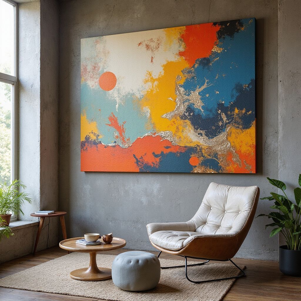 Abstract art in orange, blue, and yellow hangs above a chair in a room with a window, side table, and plants.