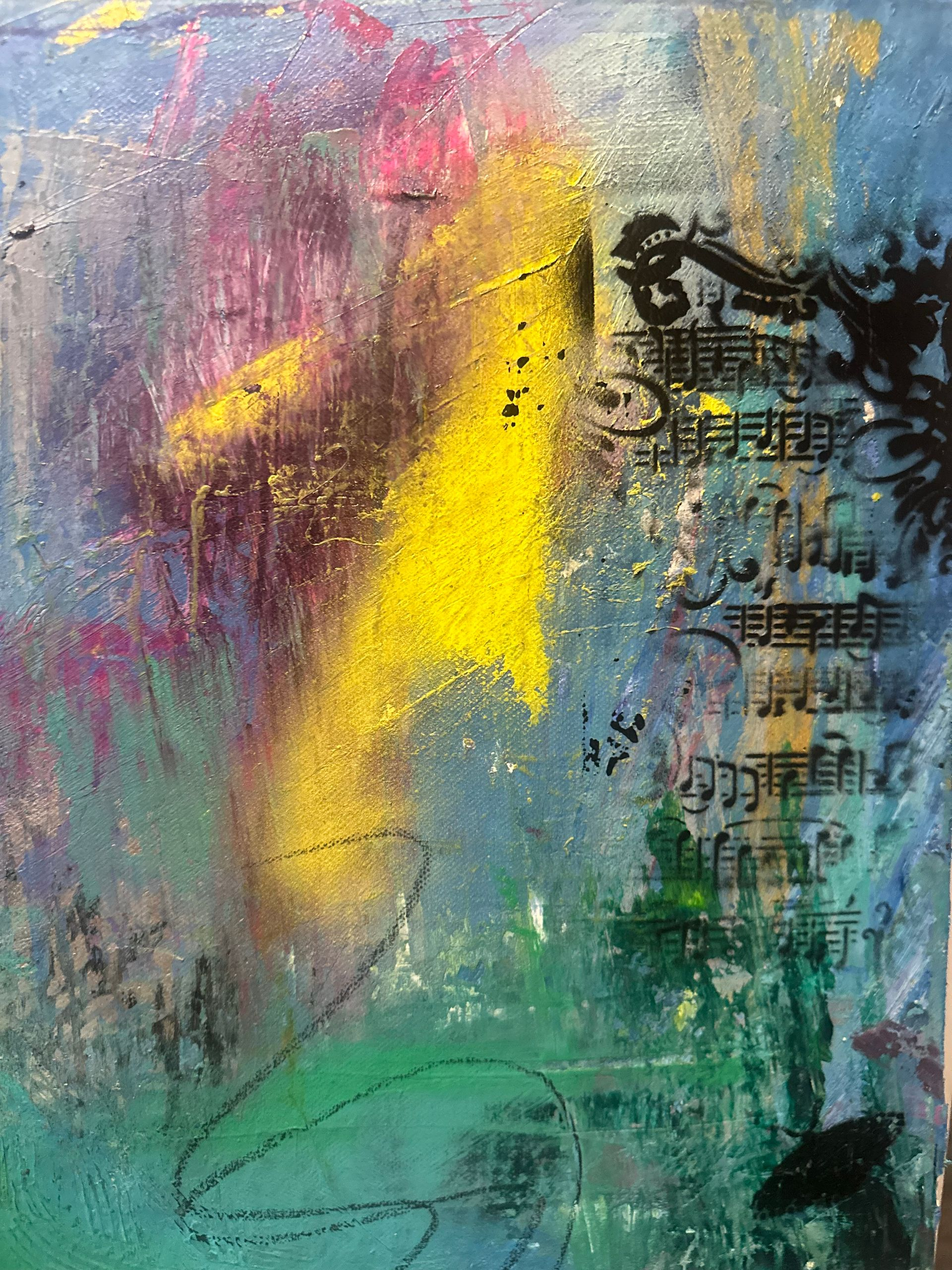 Abstract art with splashes of yellow, pink, and green against a blue backdrop with musical notes and a black floral design.