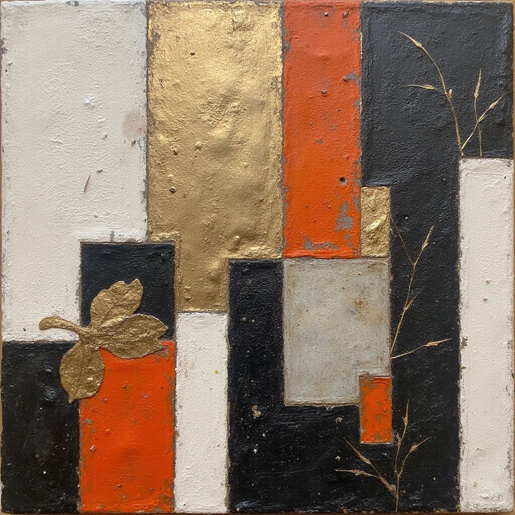 Abstract square artwork with gold, black, orange, white, and gray geometric shapes. Gold leaf accents.