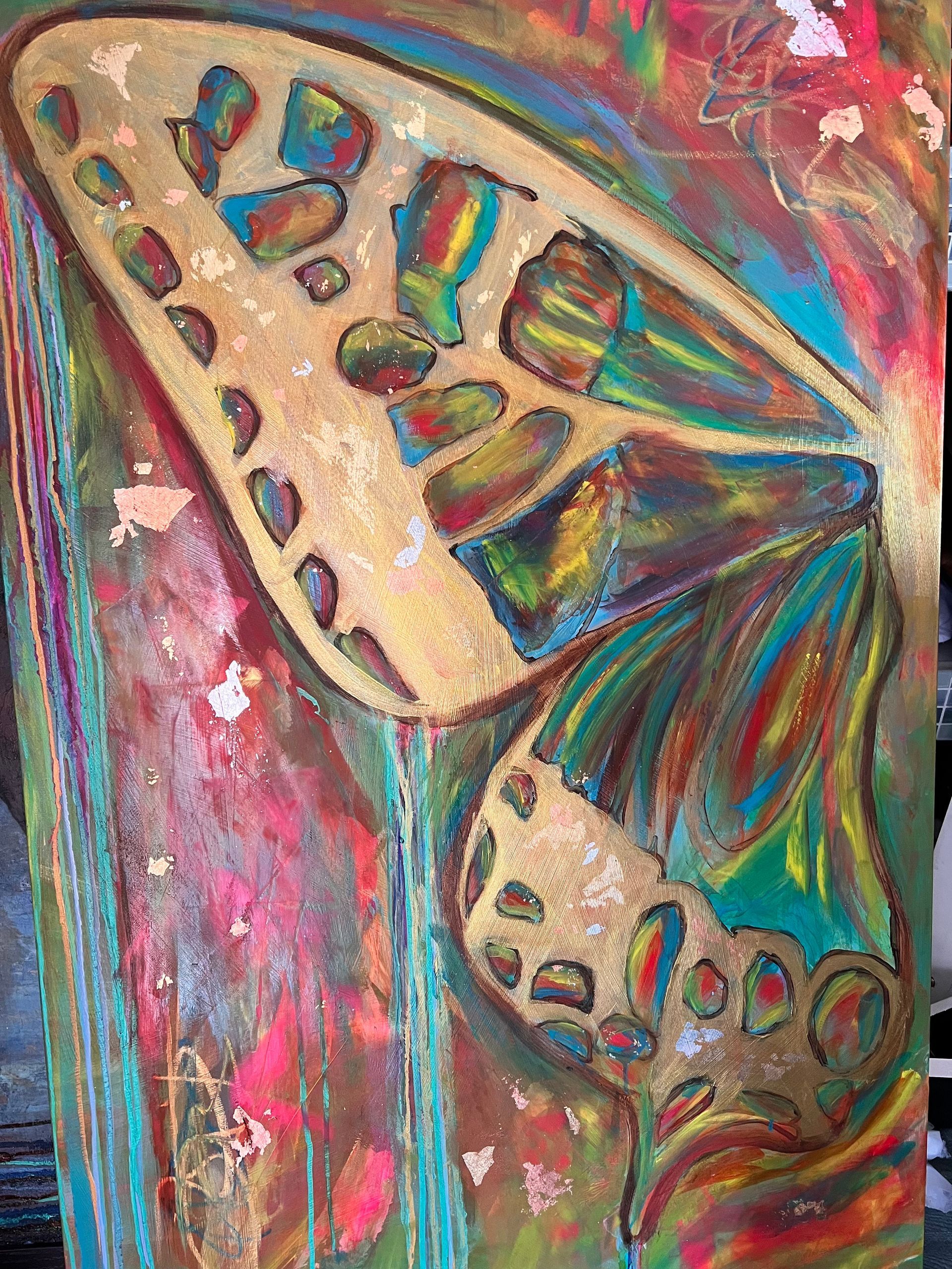 Golden-winged butterfly painted with colorful streaks and hints of gold leaf on canvas.