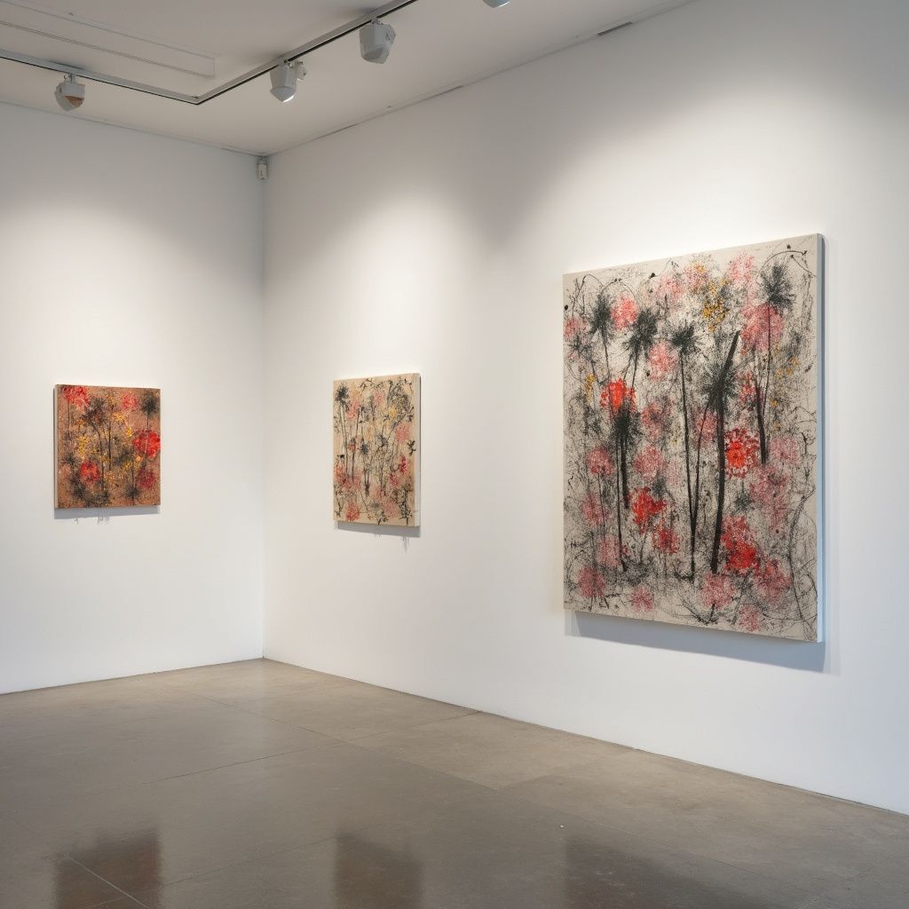 Three abstract paintings hanging on white gallery walls.