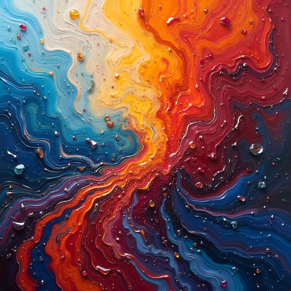 Abstract swirling artwork with blue, orange, yellow, and red colors. Some parts have glistening, gem-like details.