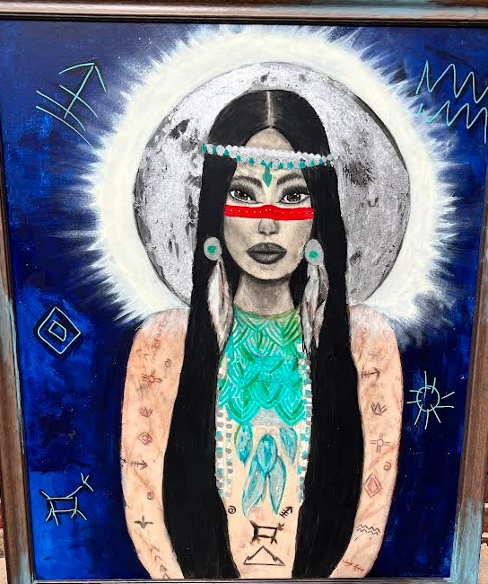 Native American woman with dark hair and blue accents, in front of a moon, with astrological symbols on a blue background.