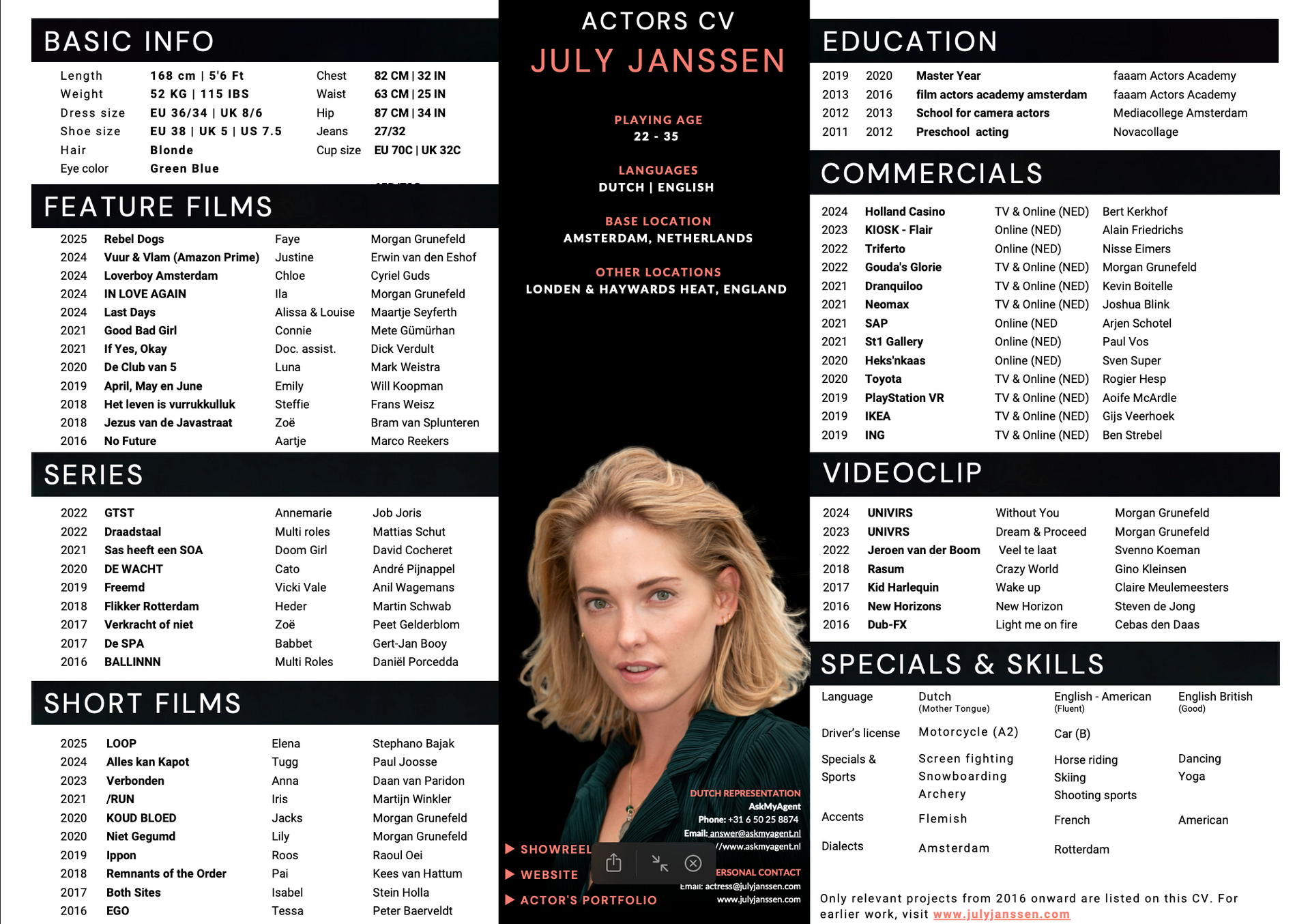 Actor CV of July Janssen, including training, experience and film and television credits.