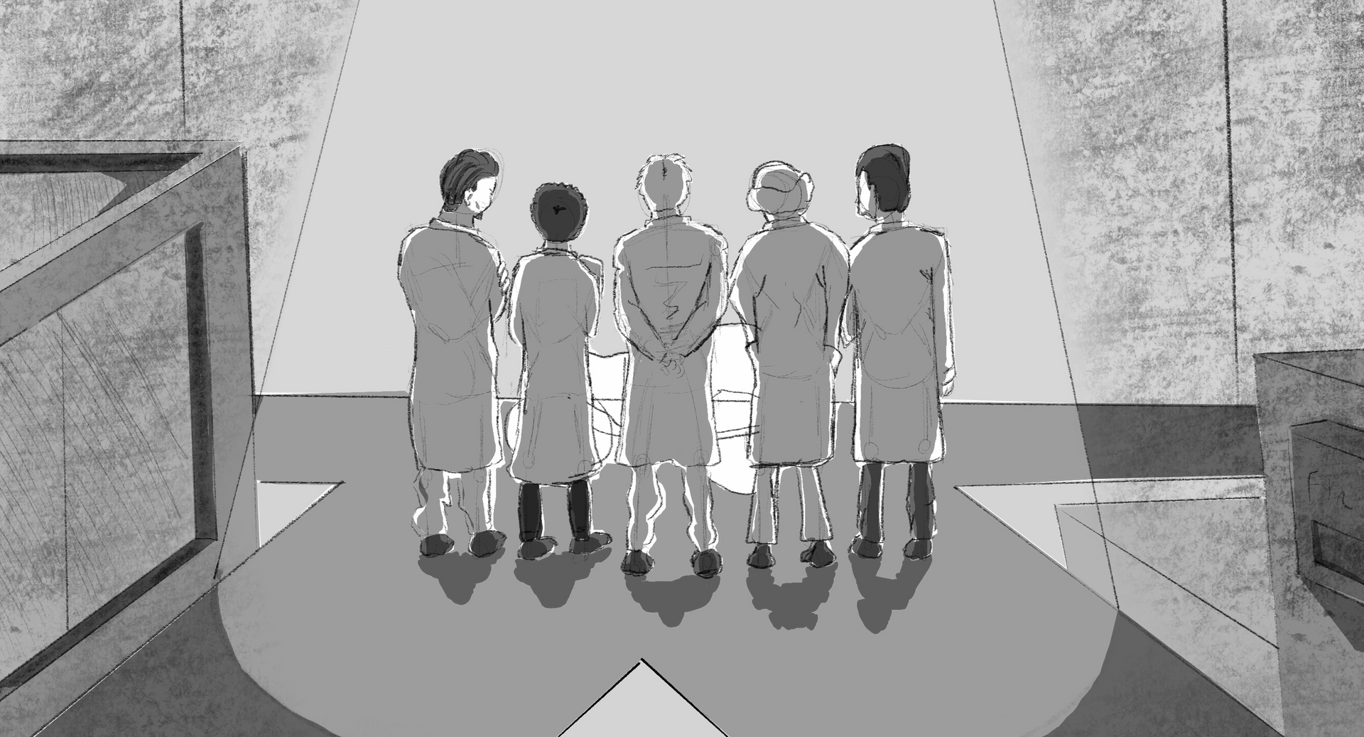 Five people in lab coats stand, looking toward a bright light in a stark room.
