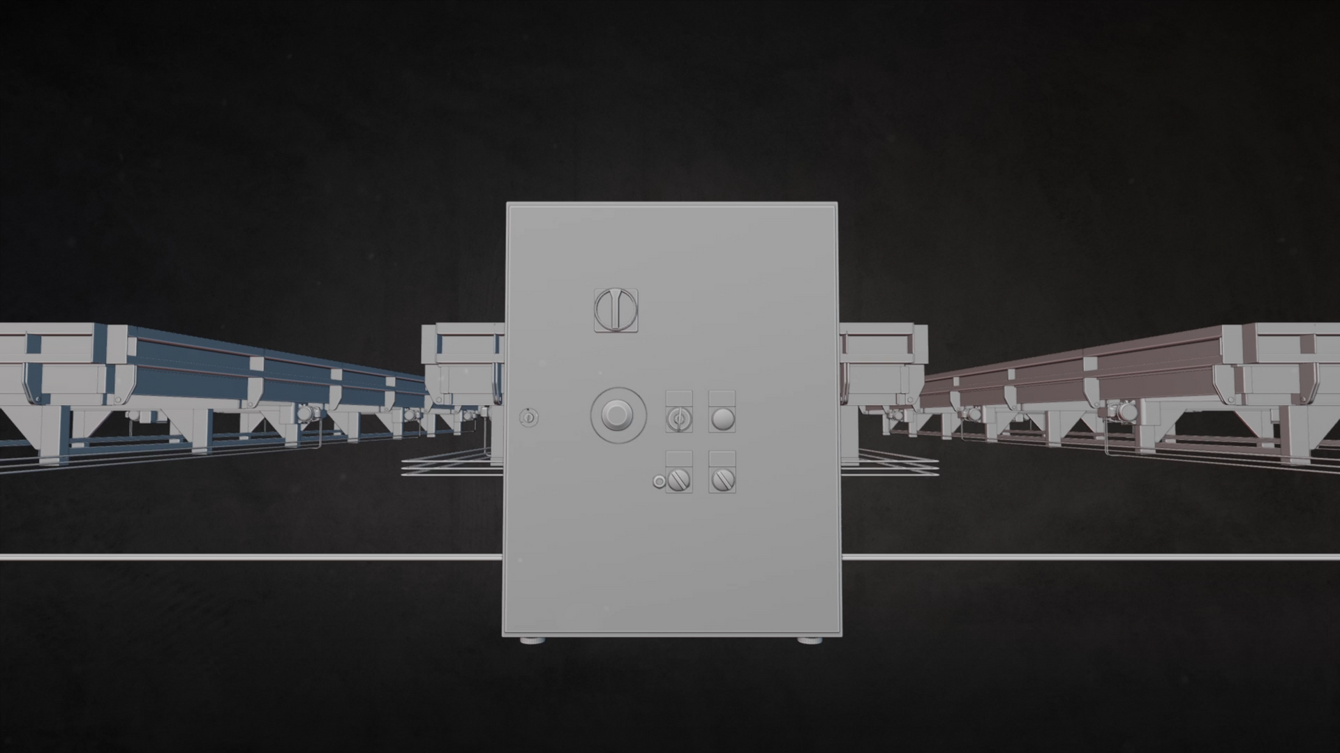 Gray control panel with dials and buttons, flanked by rows of blue and brown containers on a black surface.