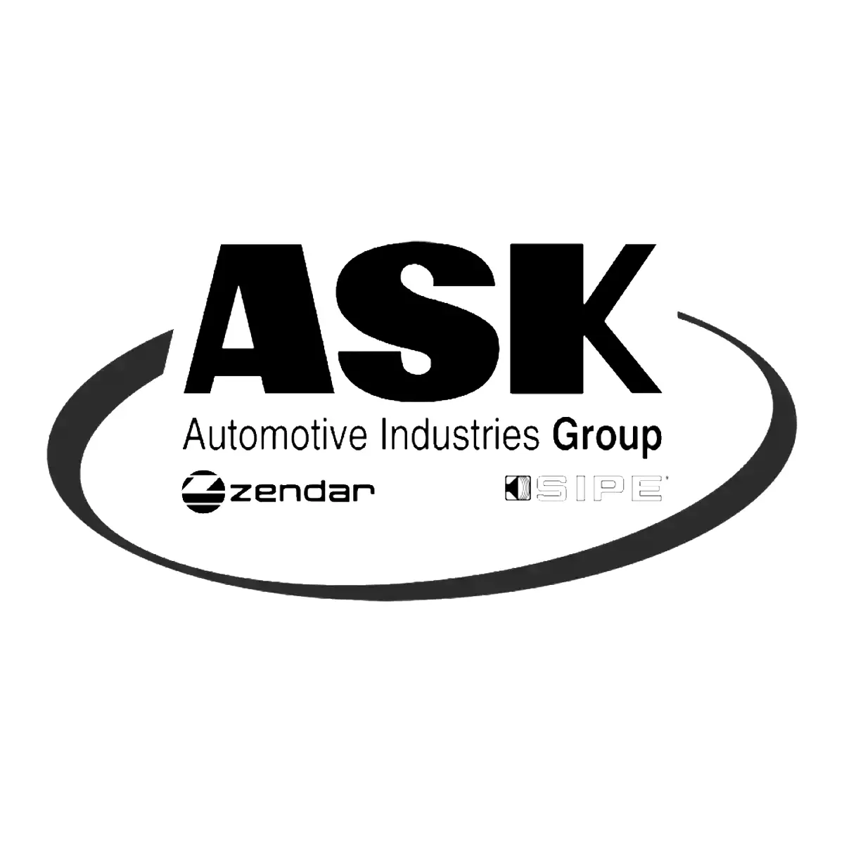 Logo for ASK Automotive Industries Group, black text and a curved line surrounding it.