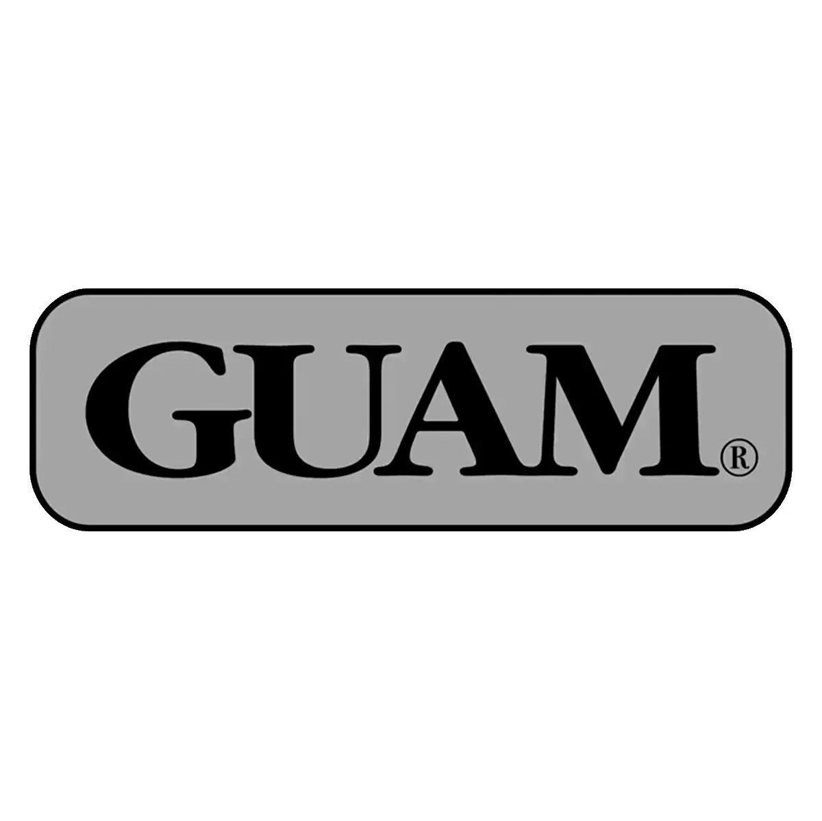 Logo for Guam: grey rectangle with the word GUAM in black lettering and the registered trademark symbol.