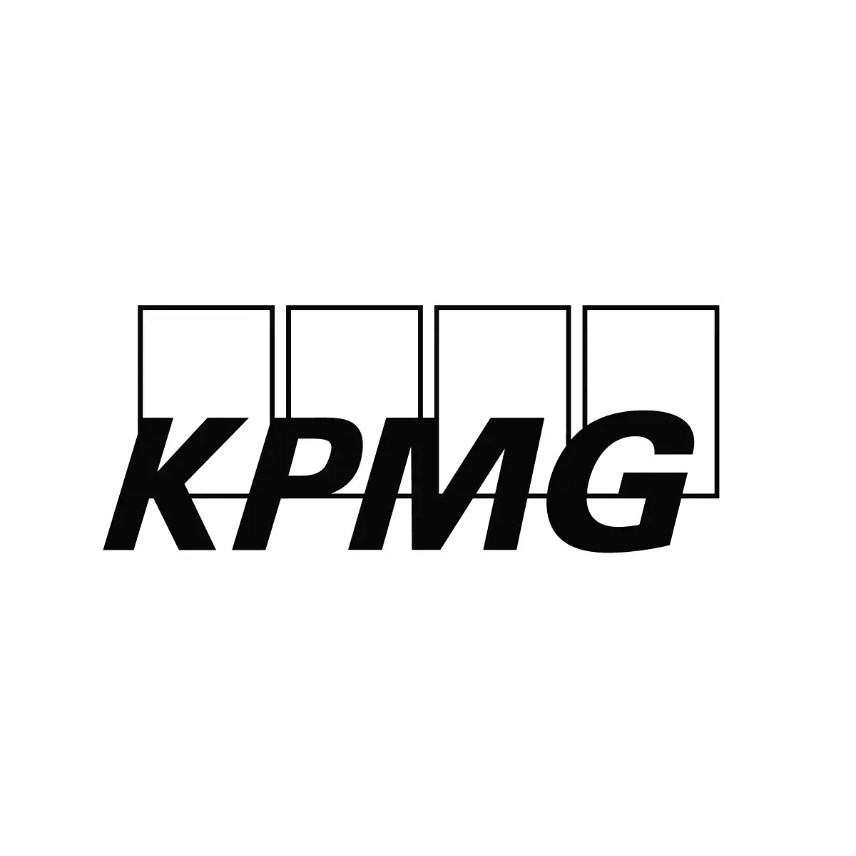 KPMG logo: Black text with the company's name and four connected, outlined squares above it.