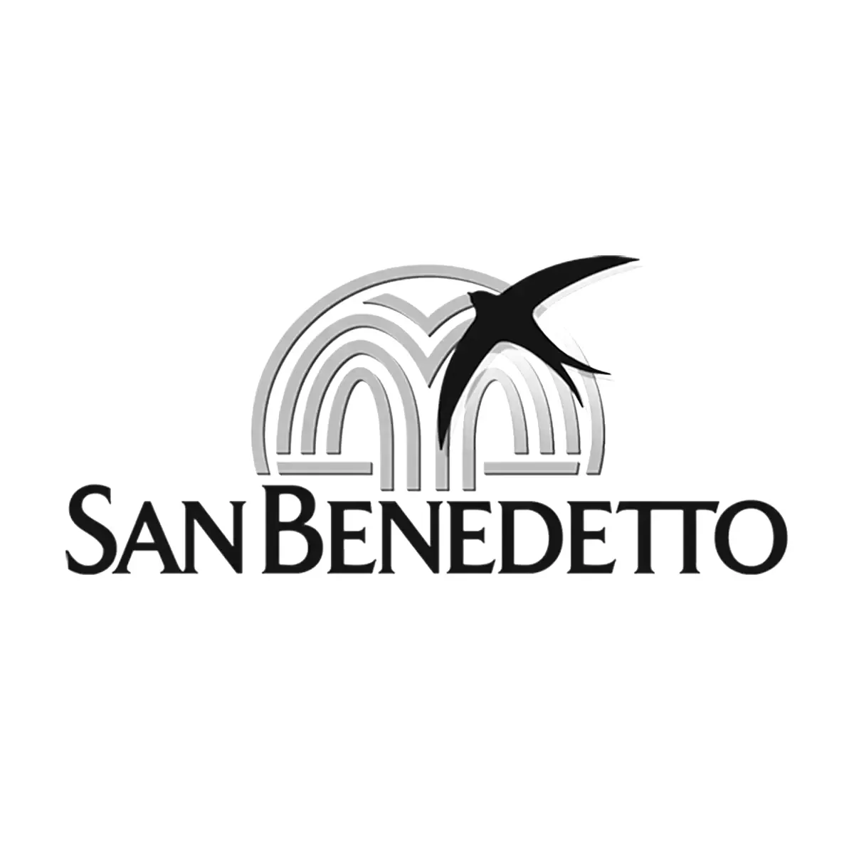 San Benedetto logo: stylized arches, swallow, and text.